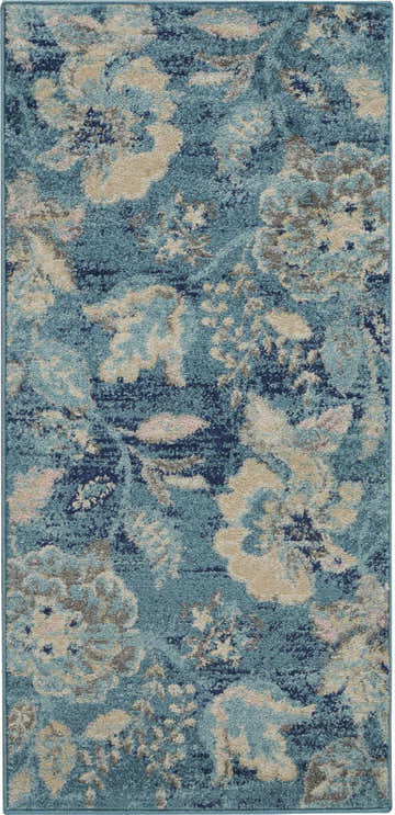 Close-up of the Nourison Tranquil Turquoise Vintage Indoor Area Rug. Aqua, beige, and navy floral pattern.