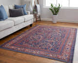 Living room scene with Feizy Rawlins Red/Blue rug, cream sofa with blue pillows, and wood floors. Roomscene-Rectangle
