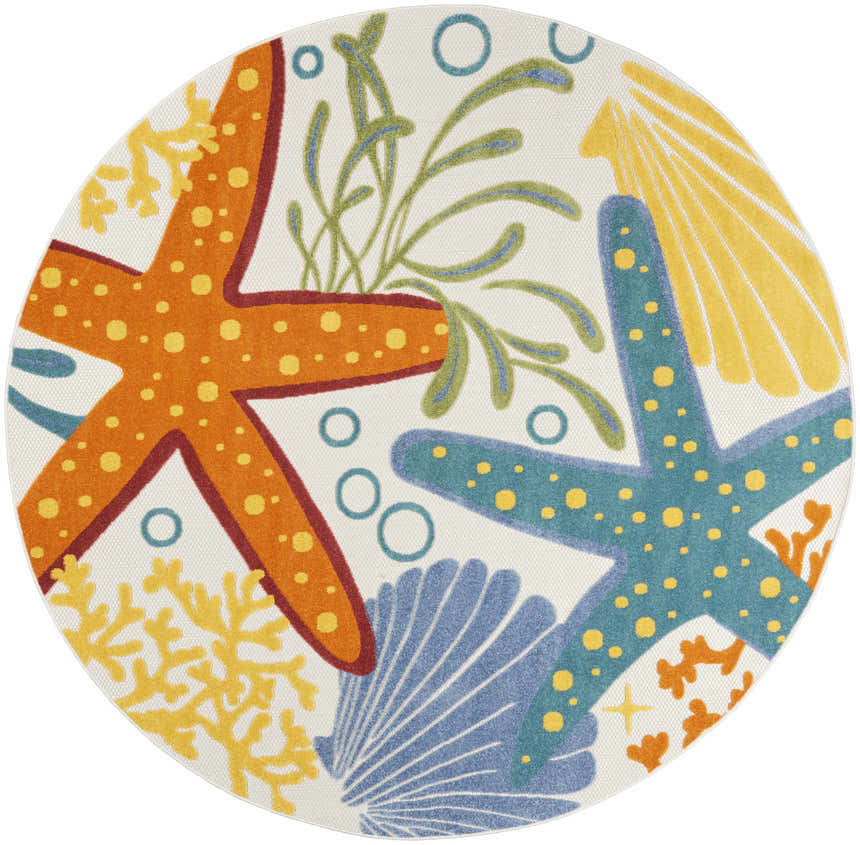Close-up of a round Nourison Aloha Multicolor rug featuring starfish, shells, and sea life in coastal colors.