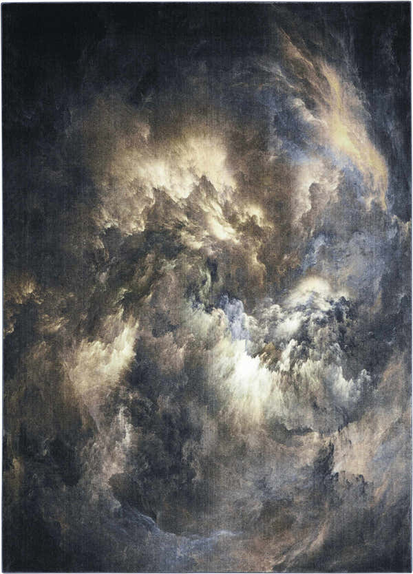 Close-up of the Nourison Le Reve Chocolate Multicolor rug. Abstract cloud-like pattern in chocolate, beige, and blue tones.