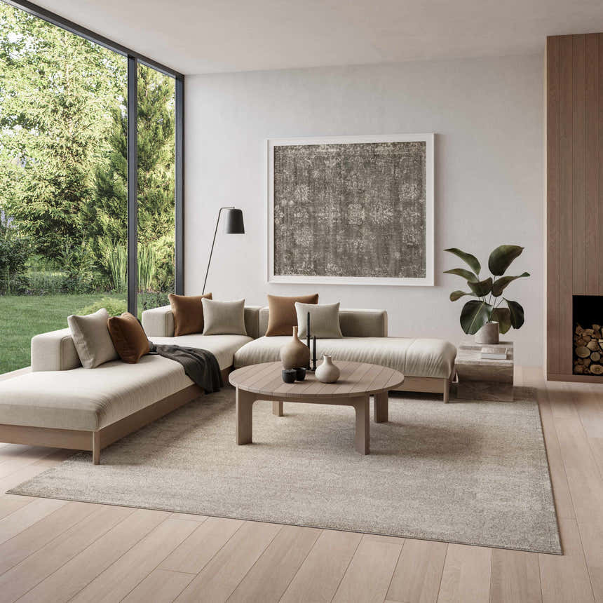 Modern living room with a light gray sectional sofa and Nourison Dekor Light Grey Vintage rug.