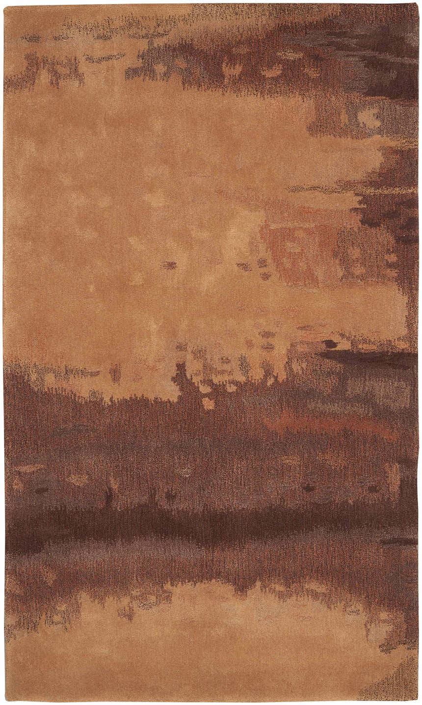 Close-up of the Calvin Klein Home Luster Wash Copper Area Rug, featuring caramel, brown, and abstract patterns.