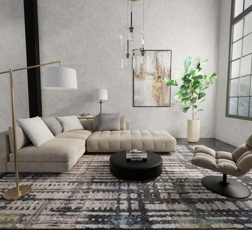 Living room scene with beige sectional and Feizy Skyview rug in gray, black, and ivory. Modern, neutral tones. Roomscene-Rectangle
