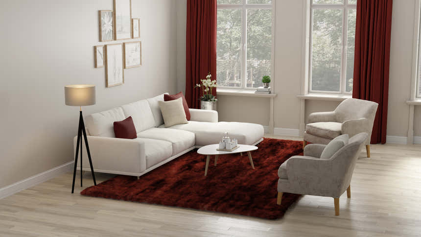 Living room with white sofa and Feizy Indochine Red/Orange rug. Casual, contemporary space with light wood floors. Roomscene-Rectangle