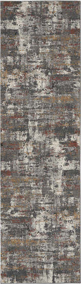Close-up of Nourison Tangra Grey Multicolor rug featuring an abstract, distressed pattern in gray, white, rust, and gold tones.