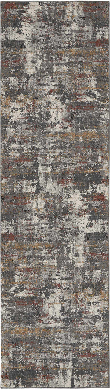 Close-up of Nourison Tangra Grey Multicolor rug featuring an abstract, distressed pattern in gray, white, rust, and gold tones.