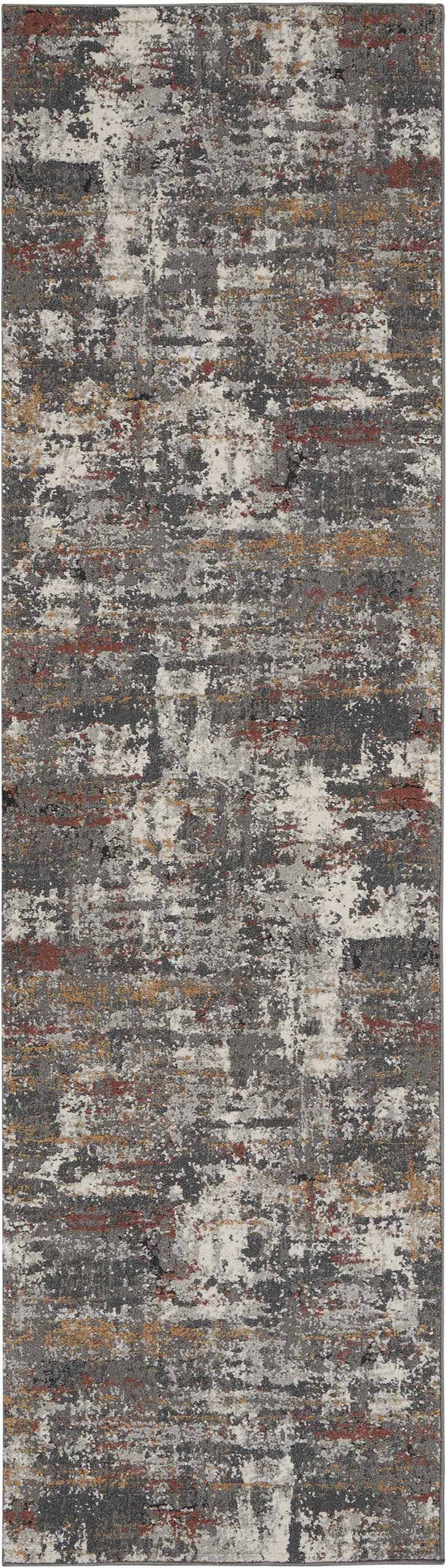 Close-up of Nourison Tangra Grey Multicolor rug featuring an abstract, distressed pattern in gray, white, rust, and gold tones.