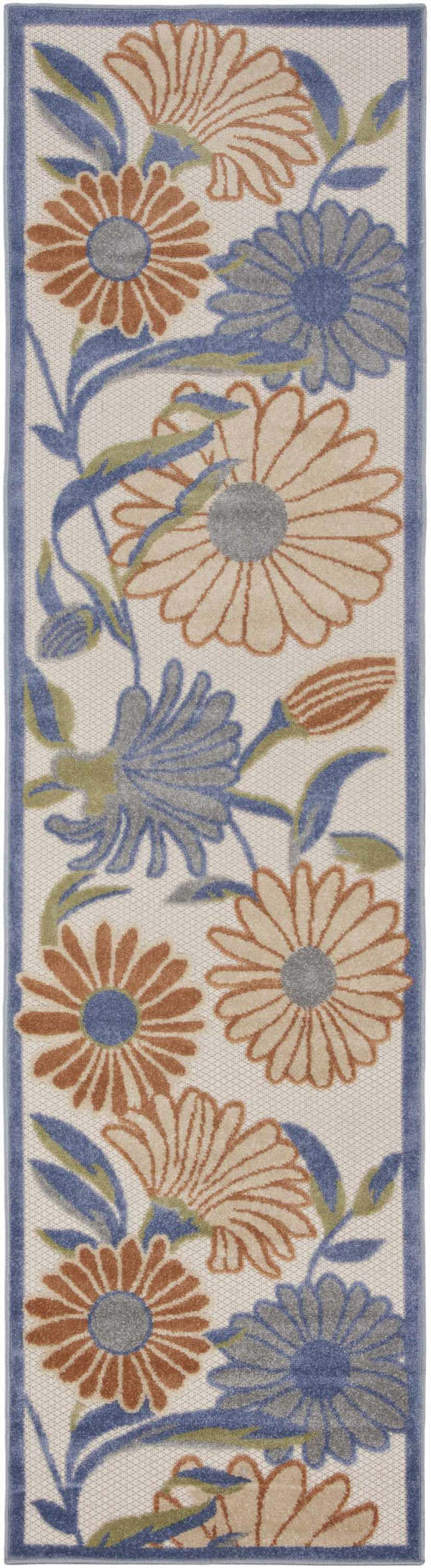 Close-up of Nourison Aloha Beige Multicolor rug. Features a floral pattern in beige, brown, blue, and green hues.