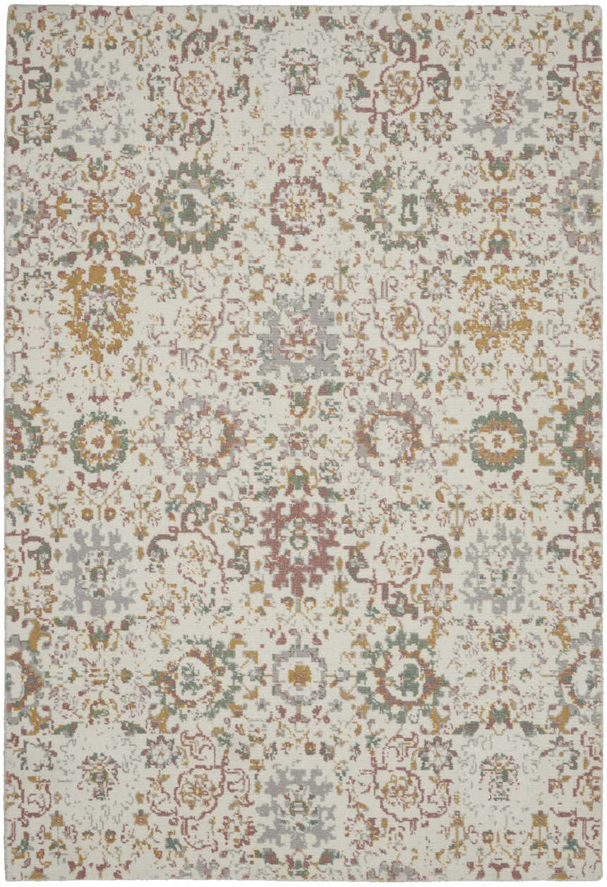 Close-up of the Nourison Twilight Ivory Multicolor rug, showcasing its chestnut, gold, green, and gray transitional pattern.