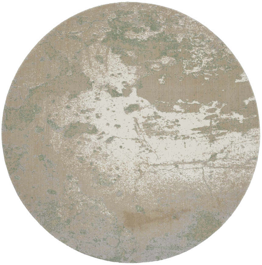 Close-up of a round Nourison Twilight Ivory Green rug with a chestnut, abstract pattern and subtle texture.