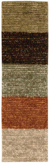 Close-up of the handmade Nourison Fantasia Blanket Shag rug. Features stripes of brown, green, copper, and beige wool.
