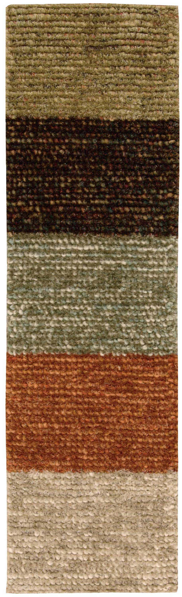 Close-up of the handmade Nourison Fantasia Blanket Shag rug. Features stripes of brown, green, copper, and beige wool.