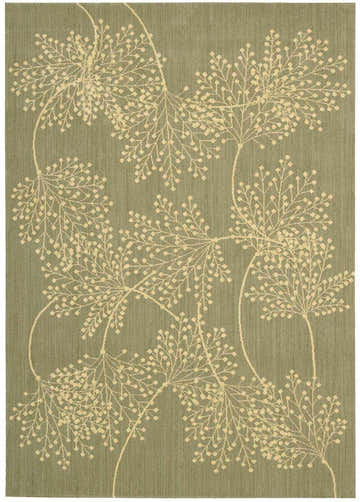 Close-up of Nourison Capri Sage Floral Area Rug. Muted sage background with cream floral pattern. Wool rug texture.