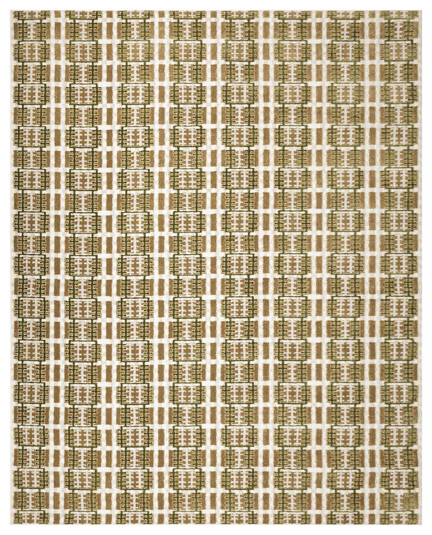 Close-up of the Nourison Nordic Multicolor rug, featuring a geometric square and line pattern in brown, green, and white.