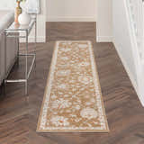 Hallway with Nourison Infinite Mocha Vintage runner rug on dark wood floors.