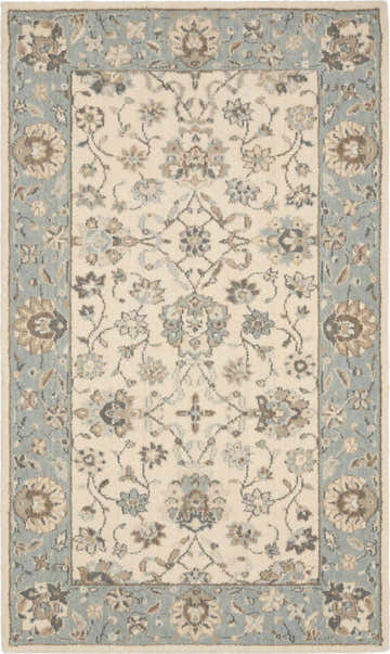 Close-up of Nourison Living Treasures Ivory Aqua rug. Farmhouse style with floral pattern, chestnut accents, and blue border.