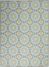 Waverly Sun N' Shade Jade rug: A close-up shows a coastal-style rug with a geometric medallion pattern in jade, blue, and gray.
