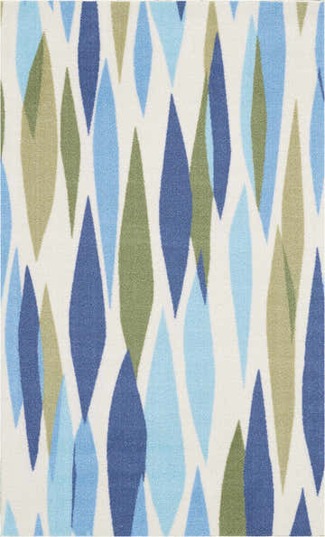 Close-up of Waverly Sun N' Shade Seaglass rug. Mid-century modern design with blue, green, and beige leaf shapes.