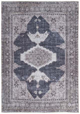 Close-up of the Feizy Percy Transitional Medallion Area Rug in gray, ivory, and taupe with a traditional medallion pattern. Design-Rectangle