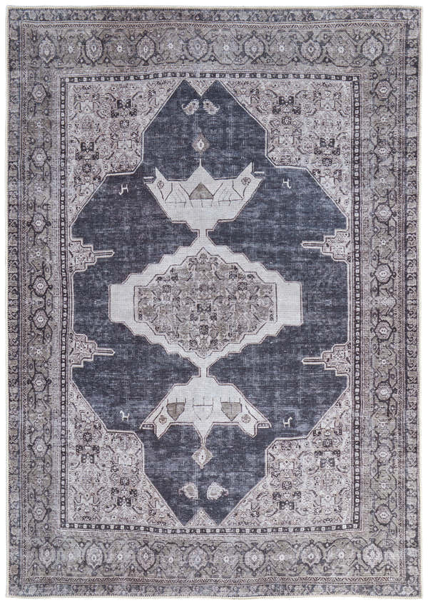 Close-up of the Feizy Percy Transitional Medallion Area Rug in gray, ivory, and taupe with a traditional medallion pattern. Design-Rectangle