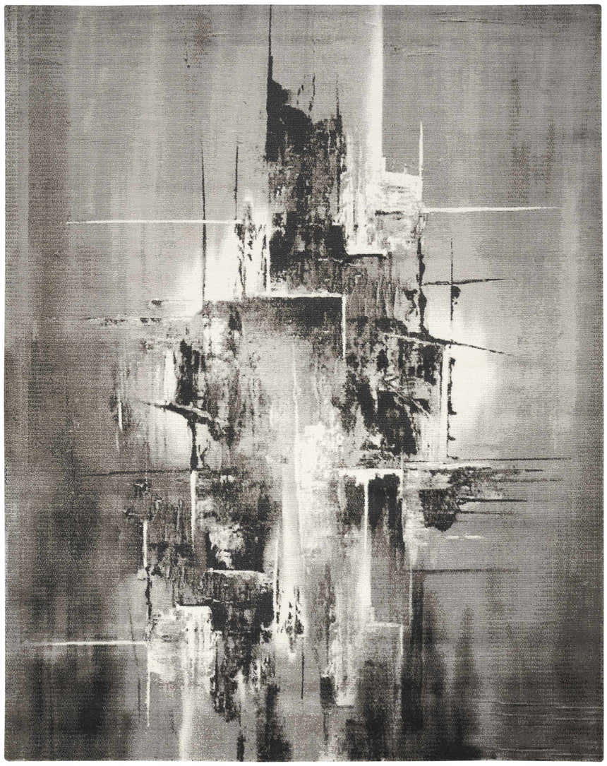 Twilight Grey Ivory Black Rug: Abstract, mid-century modern design with black, ivory, and grey tones.