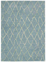 Close-up of the Barclay Butera Intermix Wave rug. Light blue wool with cream, green, and black diamond lattice pattern.