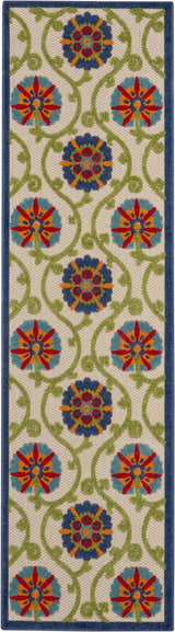 Close-up of Nourison Aloha Blue Multicolor rug. Floral pattern in blue, red, orange, and green on a beige background. Blue border.