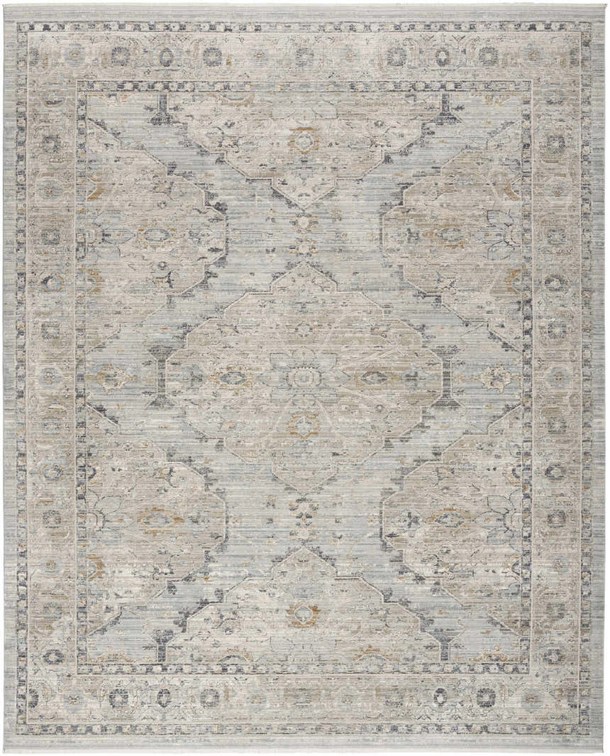 Close-up of the Nourison Lynx Light Blue Vintage Area Rug featuring a faded traditional pattern and high pile texture.