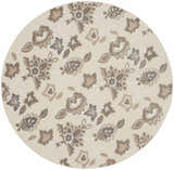 Close-up of round Nourison Aloha Beige Farmhouse Area Rug; beige background with brown and gray floral pattern.