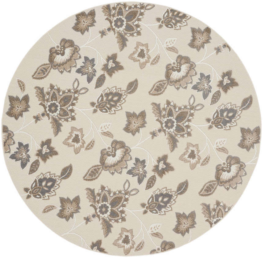 Close-up of round Nourison Aloha Beige Farmhouse Area Rug; beige background with brown and gray floral pattern.