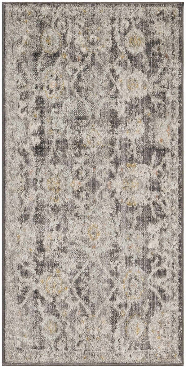 Close-up of Nourison Oushak Home Charcoal Vintage Area Rug, featuring a taupe, distressed floral pattern and soft texture.