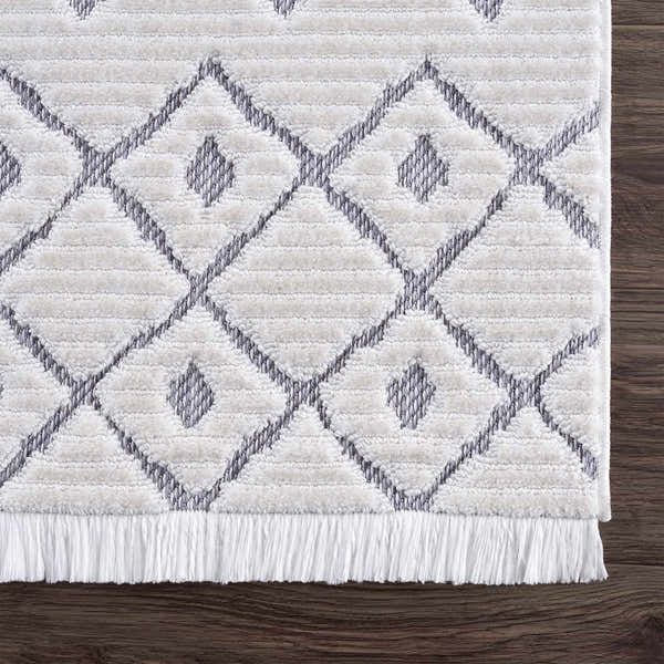 Sample Ivory Gray Beil Textured Trellis Fringe Area Rug