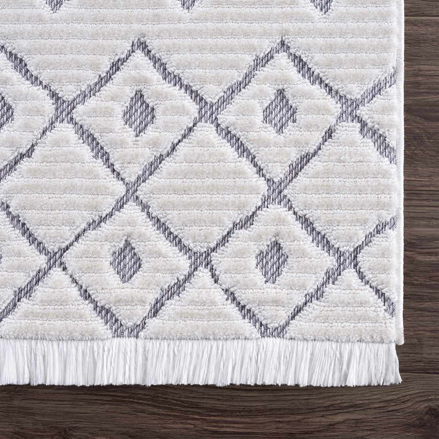 Sample Ivory Gray Beil Textured Trellis Fringe Area Rug - Clearance