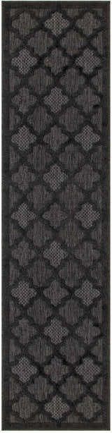Close-up of the Nourison Easy Care Charcoal Black rug, featuring a quatrefoil trellis pattern.