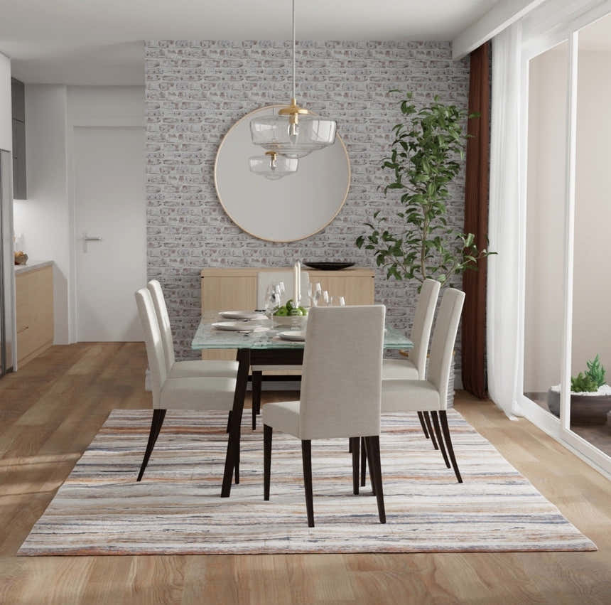 Dining room with Feizy Gilmore Ivory/Orange/Gray rug, glass table, and neutral chairs. Modern, bright space. Roomscene-Rectangle