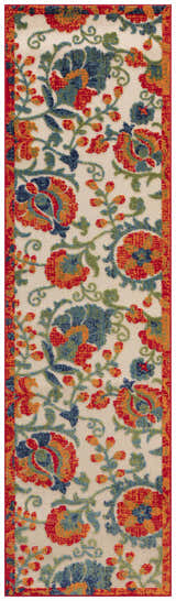 Close-up of Nourison Aloha Red Multicolor Farmhouse Area Rug, featuring a floral pattern in red, blue, orange, and green.