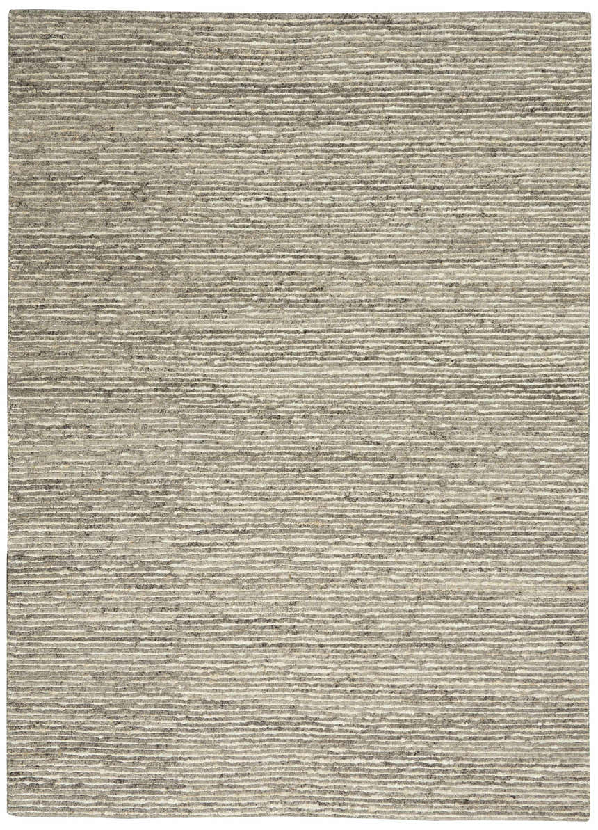 Close-up of the Calvin Klein Kathmandu Grey rug, showcasing its wool and jute texture and horizontal stripe design.