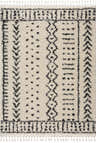 Close-up of the Hauppauge Berber Shag Carpet. Light beige rug with black geometric patterns and tassels. Shag texture. Design-Rectangle-5373
