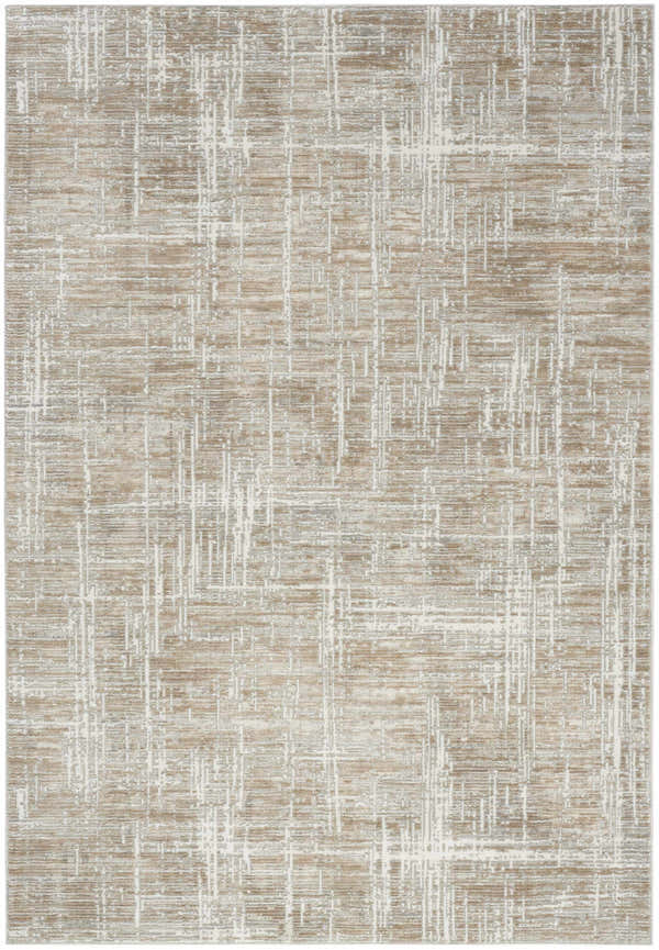 Close-up of the Nourison Home Texture Beige Grey rug. Modern design with beige, gray, and white abstract pattern.