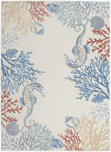 Nourison Seaside Ivory Multicolor rug with coastal design: seahorses, shells, and coral in blue, chestnut, and beige.