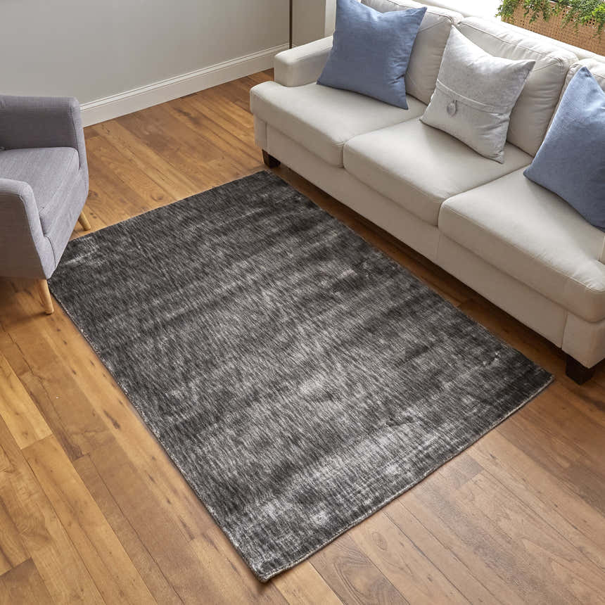 Living room with Feizy Marlowe gray/taupe rug, light sofa with blue pillows, and wood floors. Casual, contemporary style. Roomscene-Rectangle