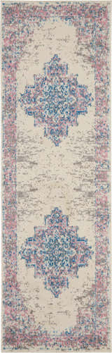 Close-up of Nourison Grafix Ivory Pink Vintage Area Rug. Features a distressed floral pattern in ivory, pink, blue, and gray.