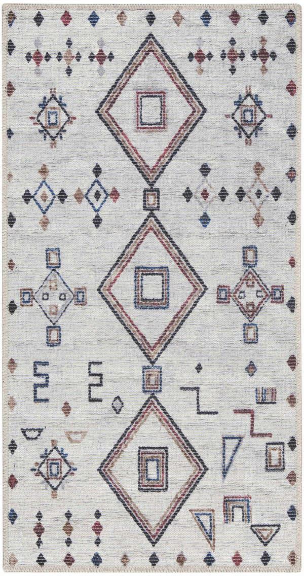 Close-up of Nourison New Concept Ivory Multicolor Bohemian Rug. Geometric shapes in chestnut, blue, and red.
