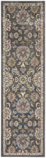 Close-up of Nourison Soraya Charcoal Multi rug. Features a floral pattern with taupe, yellow, and pink accents.