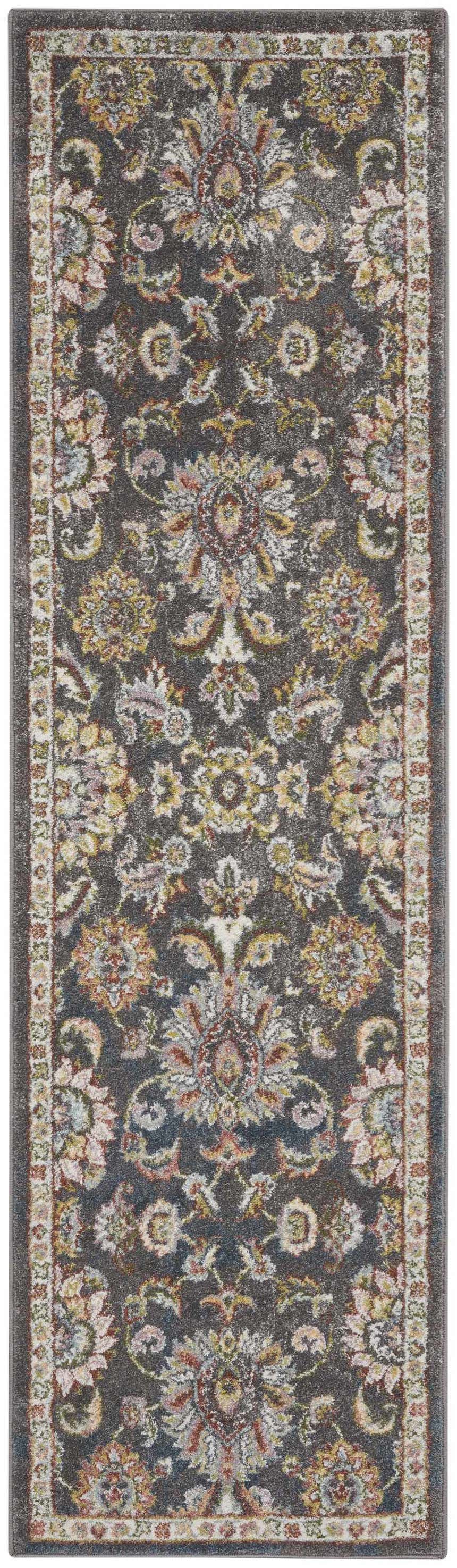 Close-up of Nourison Soraya Charcoal Multi rug. Features a floral pattern with taupe, yellow, and pink accents.