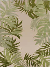 Close-up of Nourison Aloha Ivory Green Outdoor Area Rug, featuring a tropical leaf pattern in shades of green on an ivory background.