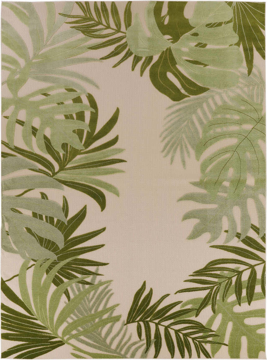Close-up of Nourison Aloha Ivory Green Outdoor Area Rug, featuring a tropical leaf pattern in shades of green on an ivory background.