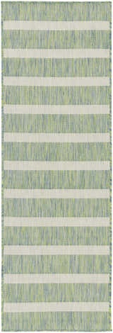 Close-up of the Nourison Positano Blue Green Ivory rug with a striped pattern and textured weave.