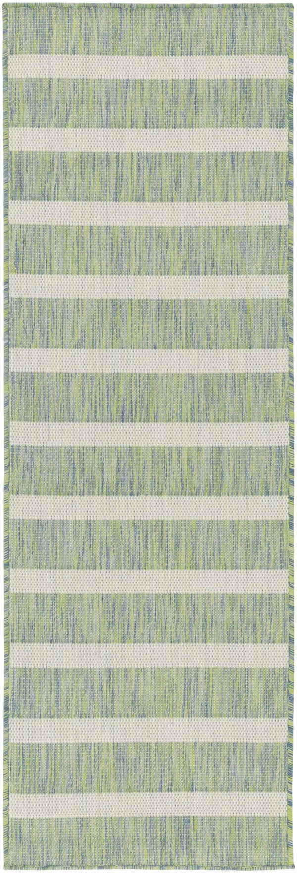 Close-up of the Nourison Positano Blue Green Ivory rug with a striped pattern and textured weave.