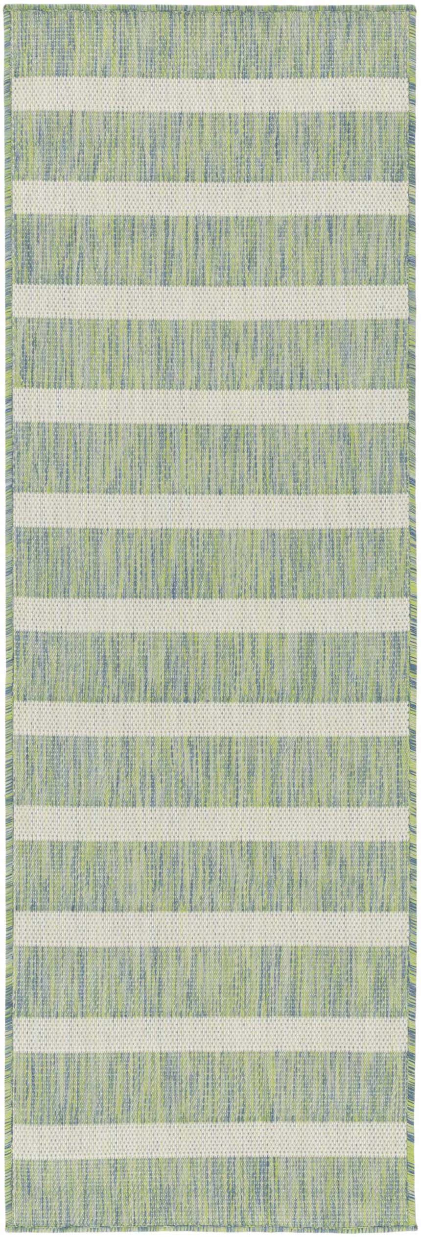 Close-up of the Nourison Positano Blue Green Ivory rug with a striped pattern and textured weave.